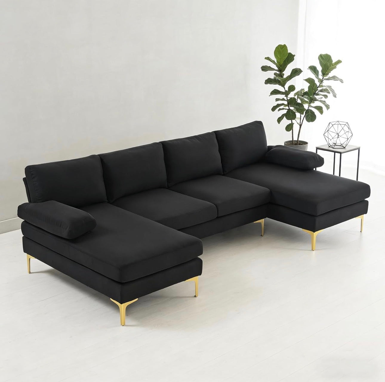 NEW- U-Shaped 3-Seat Modular Couch, Sectional Sofa Couch Large Sectional Couches for Home Apartment, Office, Living Room Solid Wood Frame Iron Back and Golden Feet Linen Upholstery Black