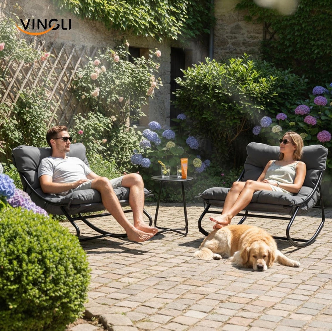 NEW- VINGLI Rocking Patio Chairs Set of 2 with Side Table, Heavy Duty 400 LBS Capacity, Padded Outdoor Indoor Rockers, Grey