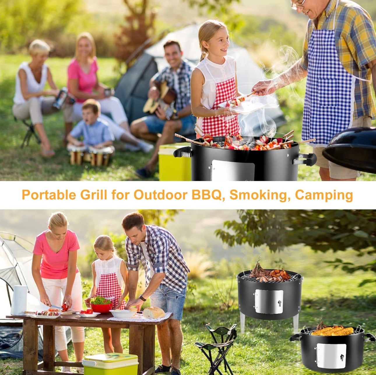 NEW- Charcoal BBQ Grill, Heavy Duty 3-in-1 Barbecue Smoker Grill for Garden Camping Outdoor Cooking and Grilling