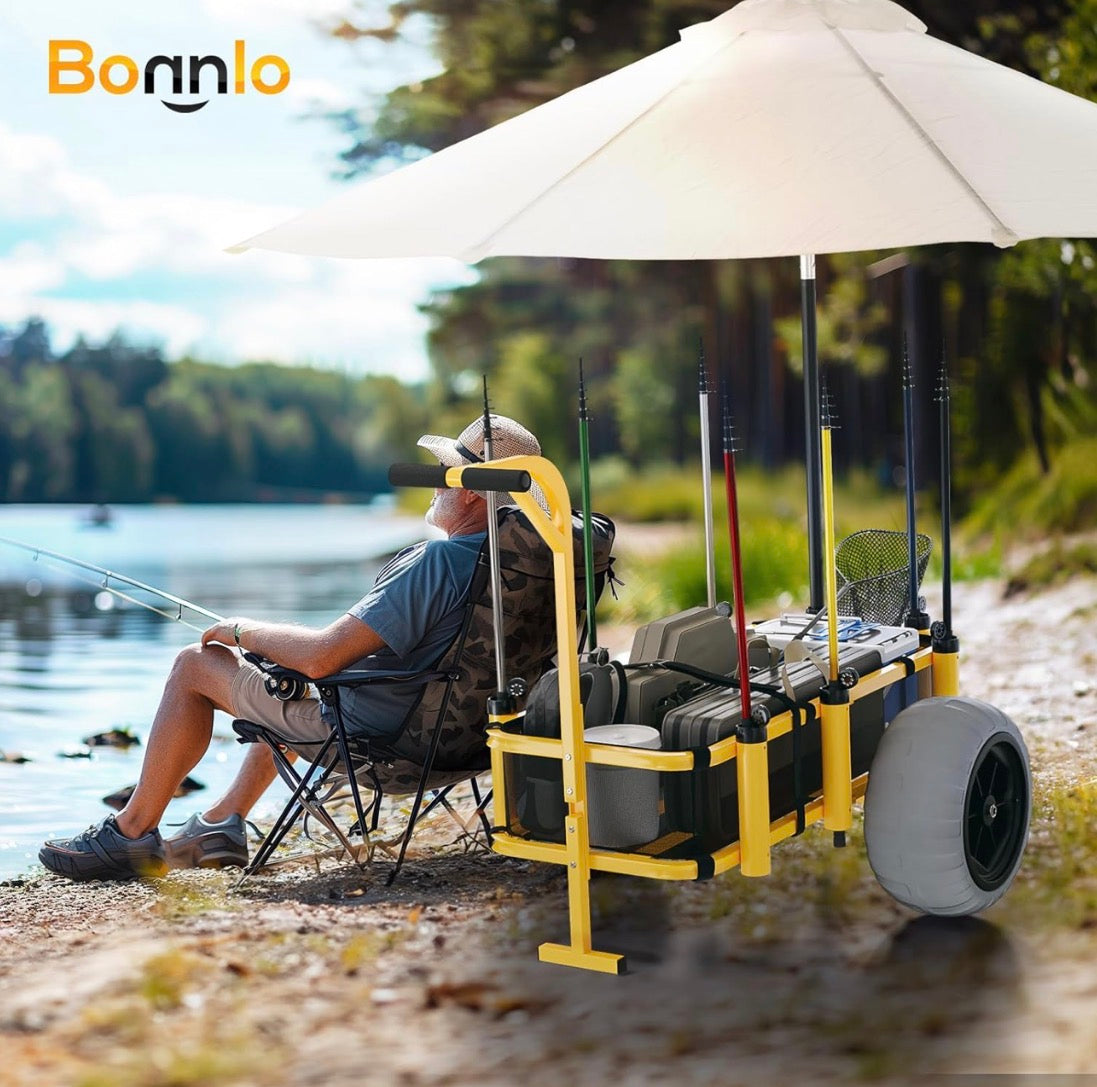 NEW- Bonnlo Beach Cart, Fishing Cart with 16" Big Balloon Wheels, Beach Wagon with Big Wheels for Sand, 400 Ibs Load Capacity, 8
Fishing Rods Holders, Mesh Bag, Hand Pump