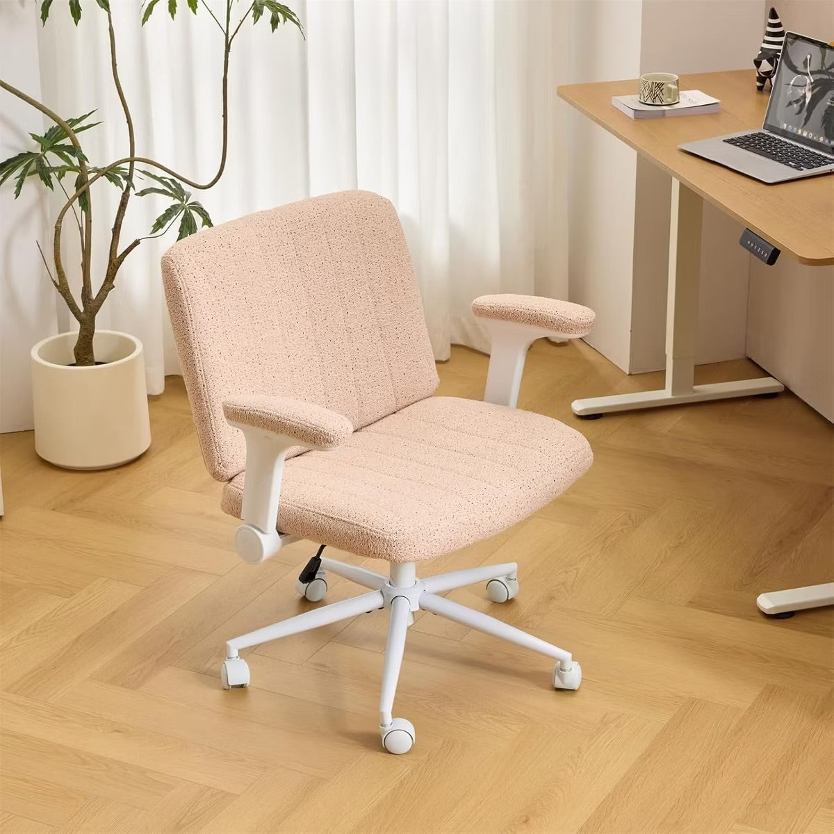NEW- VINGLI Criss Cross Chair with Adjustable Flip-Up Arms,Cross Legged Chair with Wheels,Extra Wide Office Chair,Desk Chair for Home Office, Vanity, Bedroom, Apartment,Starry Chenille, Pink