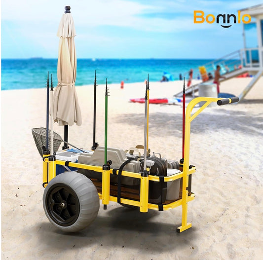 NEW- Bonnlo Beach Cart, Fishing Cart with 16" Big Balloon Wheels, Beach Wagon with Big Wheels for Sand, 400 Ibs Load Capacity, 8
Fishing Rods Holders, Mesh Bag, Hand Pump