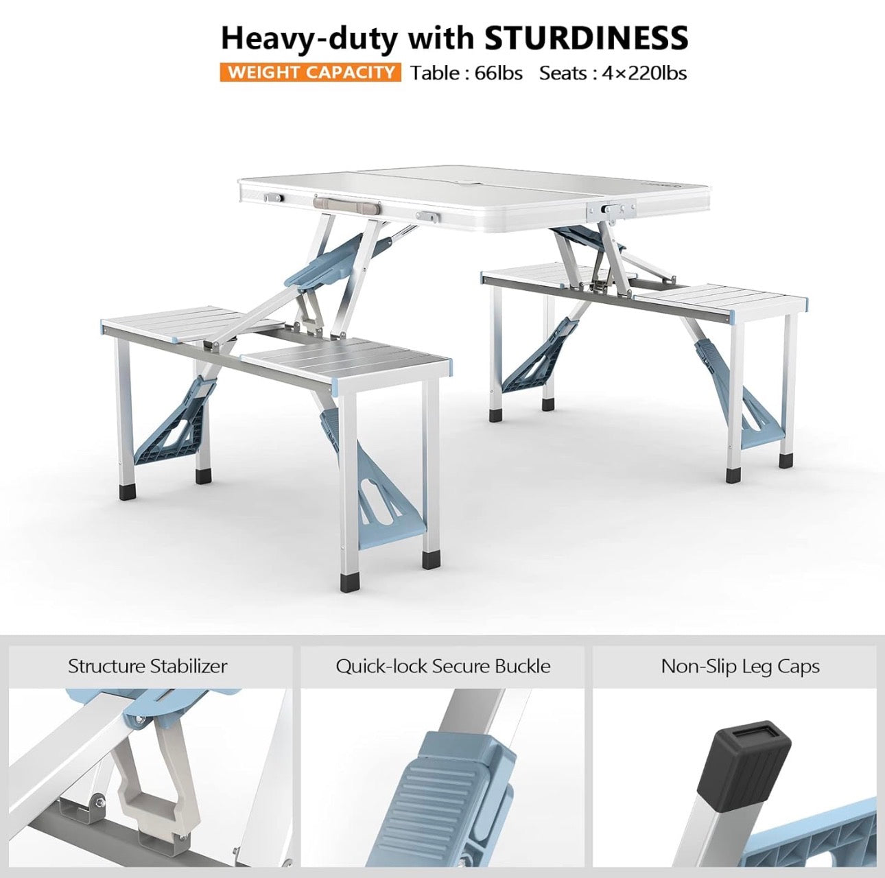 NEW- VINGLI 4Ft Folding Camping Picnic Table with Seats/Umbrella Hole-265 Lbs Support That Lightweight and Fold Up Card Suitcase Table Aluminum Alloy Frame, RV Tabletop with Soft Handle