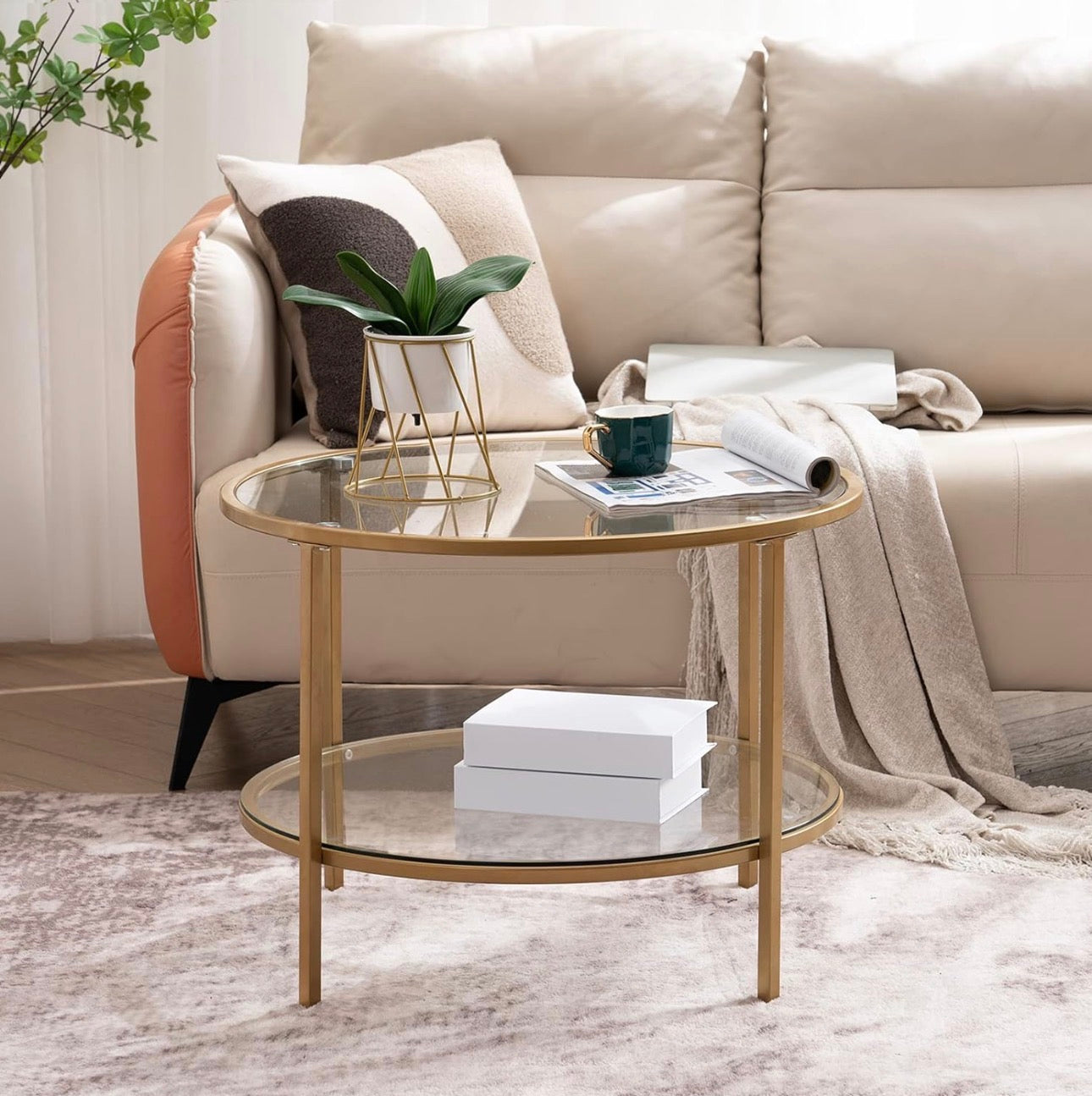 NEW- VINGLI 25.6" Round Gold Coffee Tables for Living Room, 2-Tier Glass Top Coffee Table with Storage Clear Coffee, Simple & Modern Center Table for Small Space