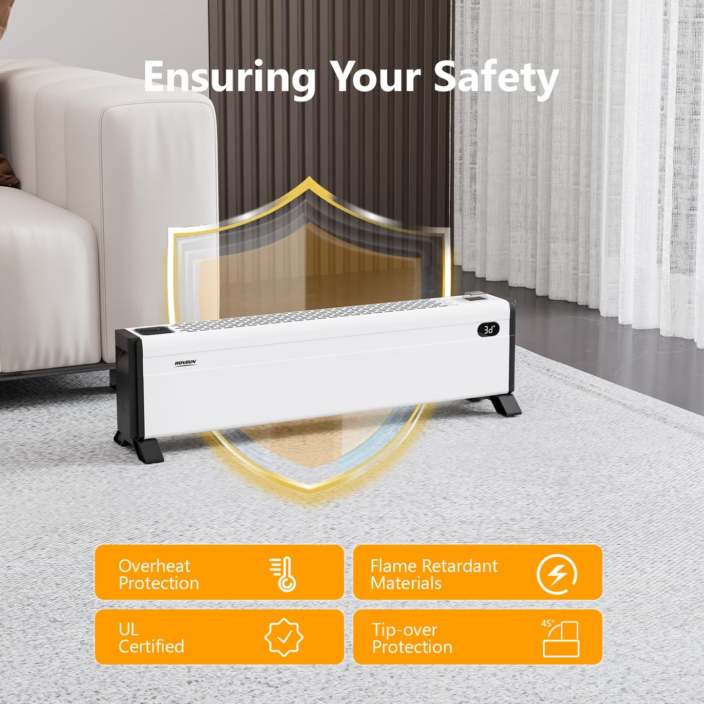 NEW- ROVSUN 32'' Electric Baseboard Heater with Easy Button Control, 1500W Convection Space Heater w/Adjustable Heating Modes, Overheat & Tip-Over Protection for Indoor Home Bedroom Office,