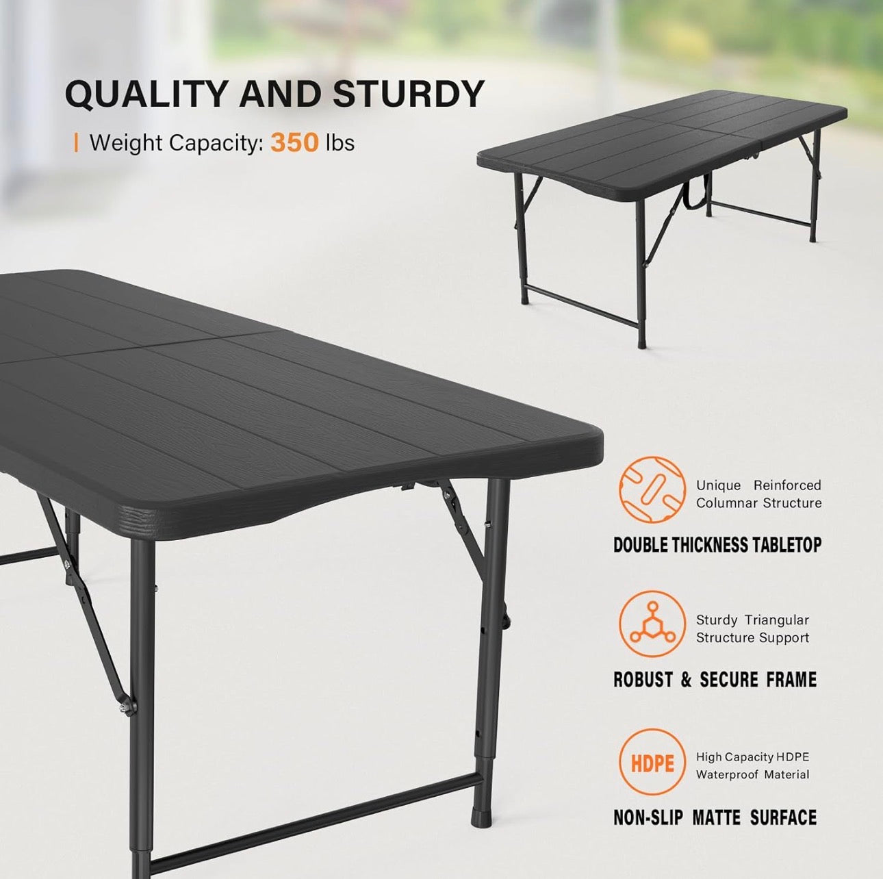 NEW- VINGLI 4 FT Plastic Folding Camping Table,3-Level Adjustable Height, Portable in/Outdoor Party Picnic Dining Desk,Off-White Garden Soccer Multipurpose Entertaining Activities, Black