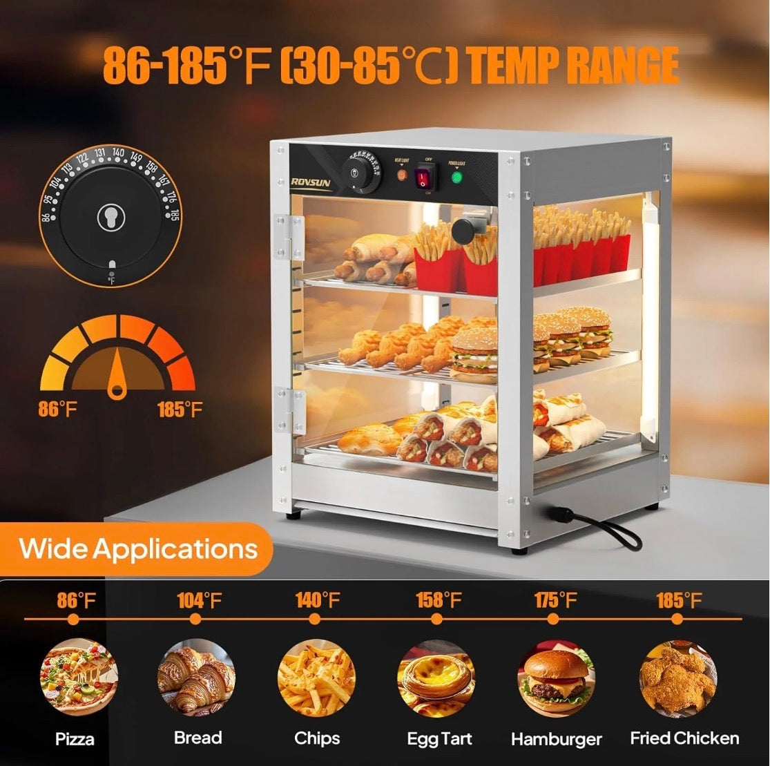 NEW- ROVSUN 3-Tier Commercial Food Warmer, 15" Pizza Warmer Food Warmer Display with LED Adjustable Lighting Glass Door Removable Shelves, Countertop Electric Food Warmer for Buffet Restaurant 110V 800W