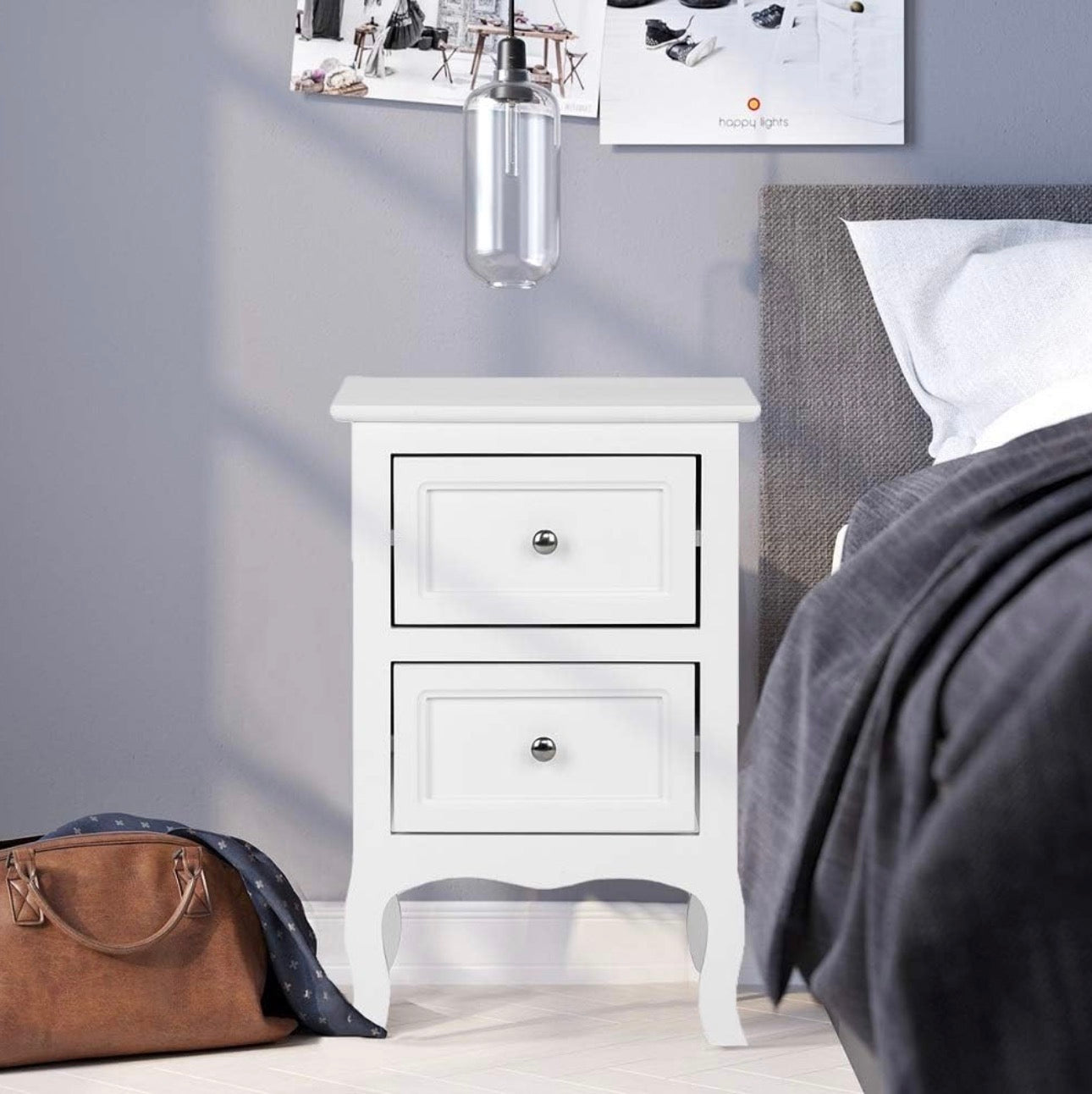USED GOOD- Bonnlo White Nightstand with 2 Drawers, Night Stands for Bedrooms, Small Bed Side Table/White Night Stand with Drawers for Small Spaces, College Dorm, Kids' Room, Living Room, French, 16W × 12D x 24H