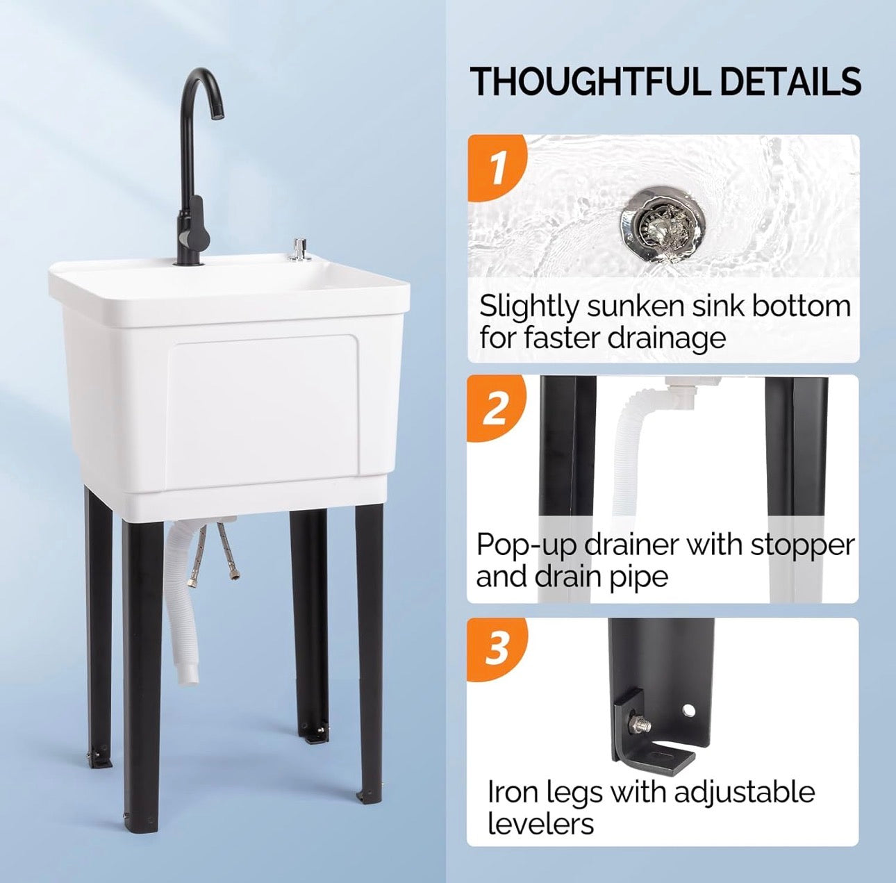NEW- VINGLI 13-Gallon Utility Sink Laundry Tub for Washing Room, Freestanding Utility Sink with Stainless Steel Faucet, (White, 19.7"W × 18.9"D × 33"H)