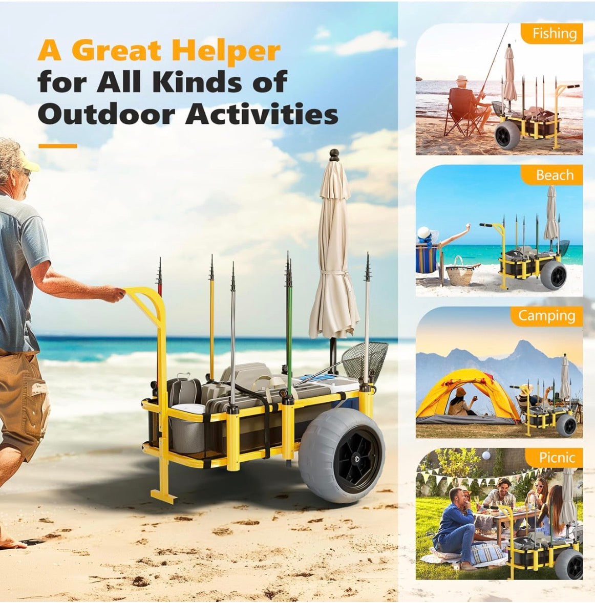 NEW- Bonnlo Beach Cart, Fishing Cart with 16" Big Balloon Wheels, Beach Wagon with Big Wheels for Sand, 400 Ibs Load Capacity, 8
Fishing Rods Holders, Mesh Bag, Hand Pump