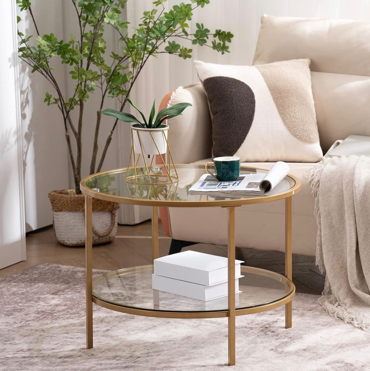 NEW- VINGLI 25.6" Round Gold Coffee Tables for Living Room, 2-Tier Glass Top Coffee Table with Storage Clear Coffee, Simple & Modern Center Table for Small Space