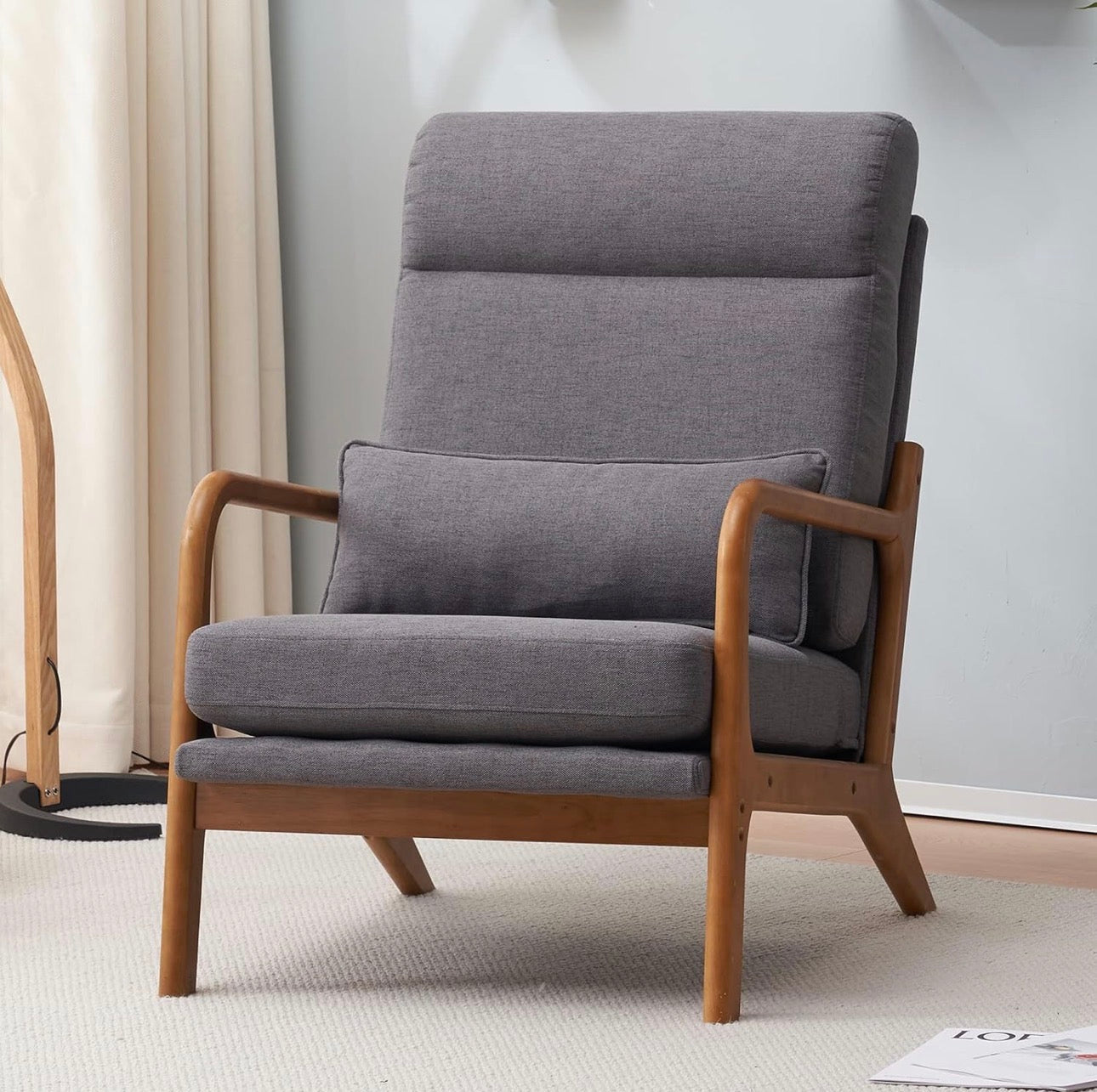 NEW- Bonnlo High Back Linen Dark Grey Mid Century Modern Accent Chair, Soild Wood Padding Lounge Armchairs Side Sitting Chairs for Living Room, Bedroom, Guest Room