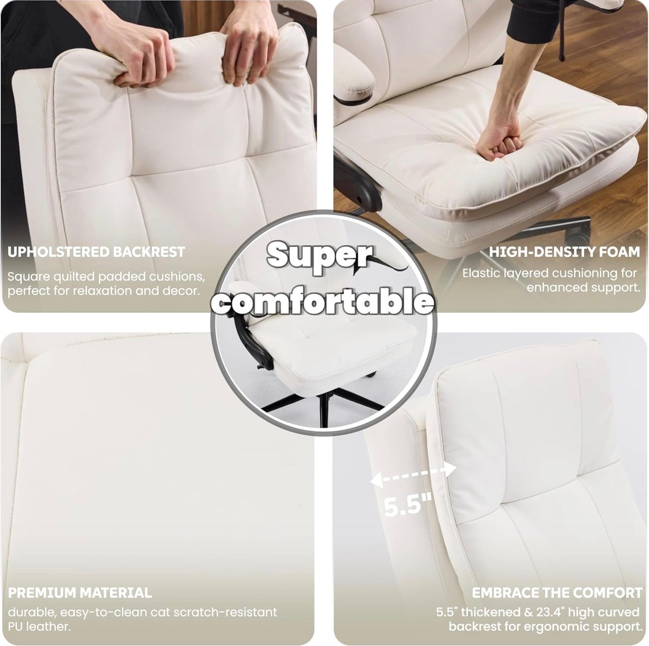 NEW- VINGLI Comfy White Leather Office Desk Chair, High-Back Support Ergonomic Computer Task Gaming Chair,with Removable wheels,360° Swivel,Adjustable Height,Flip-Up Arms,for Adults,Teen,Vanity,Home Office