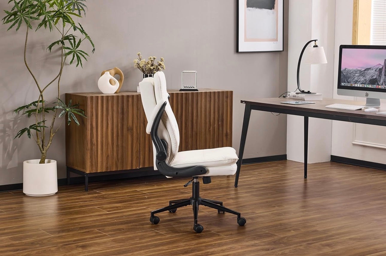 NEW- VINGLI Comfy White Leather Office Desk Chair, High-Back Support Ergonomic Computer Task Gaming Chair,with Removable wheels,360° Swivel,Adjustable Height,Flip-Up Arms,for Adults,Teen,Vanity,Home Office