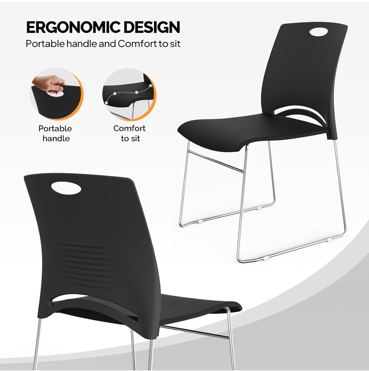 NEW- VINGLI Stacking Chairs Set of 5 Stackable Office Chairs with Metal Sled Base, Ergonomic Plastic Seat, Stacking Chairs for Waiting Room Break Room Banquet Guest, Black