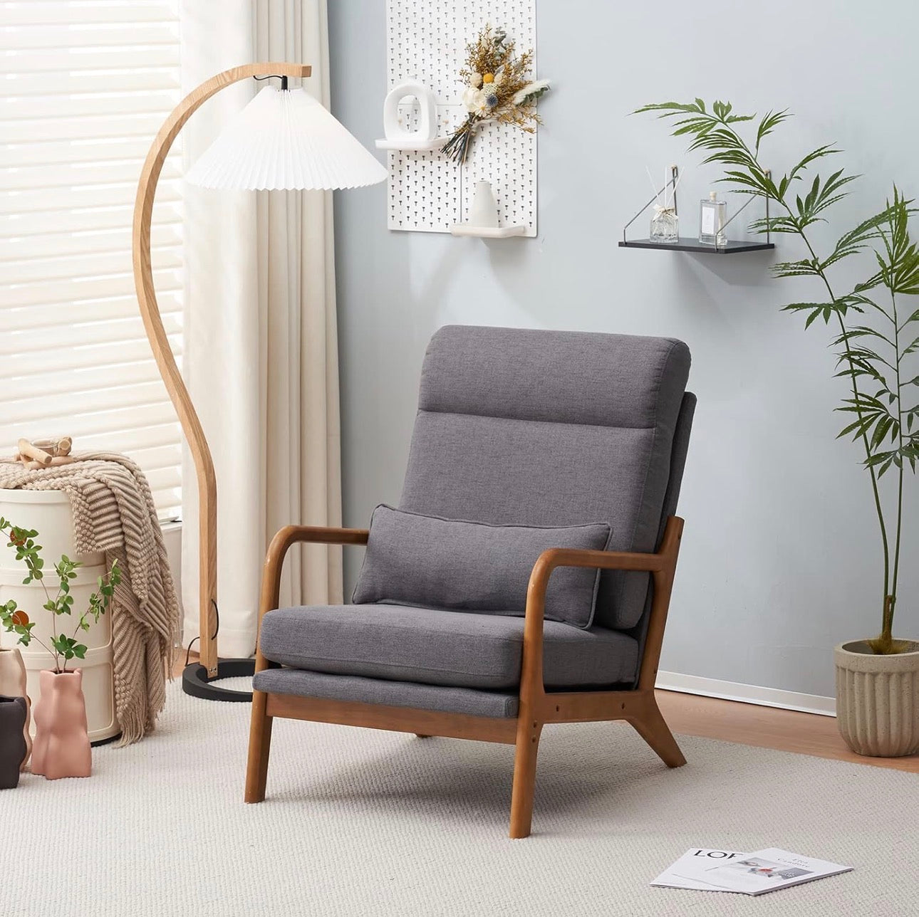 NEW- Bonnlo High Back Linen Dark Grey Mid Century Modern Accent Chair, Soild Wood Padding Lounge Armchairs Side Sitting Chairs for Living Room, Bedroom, Guest Room