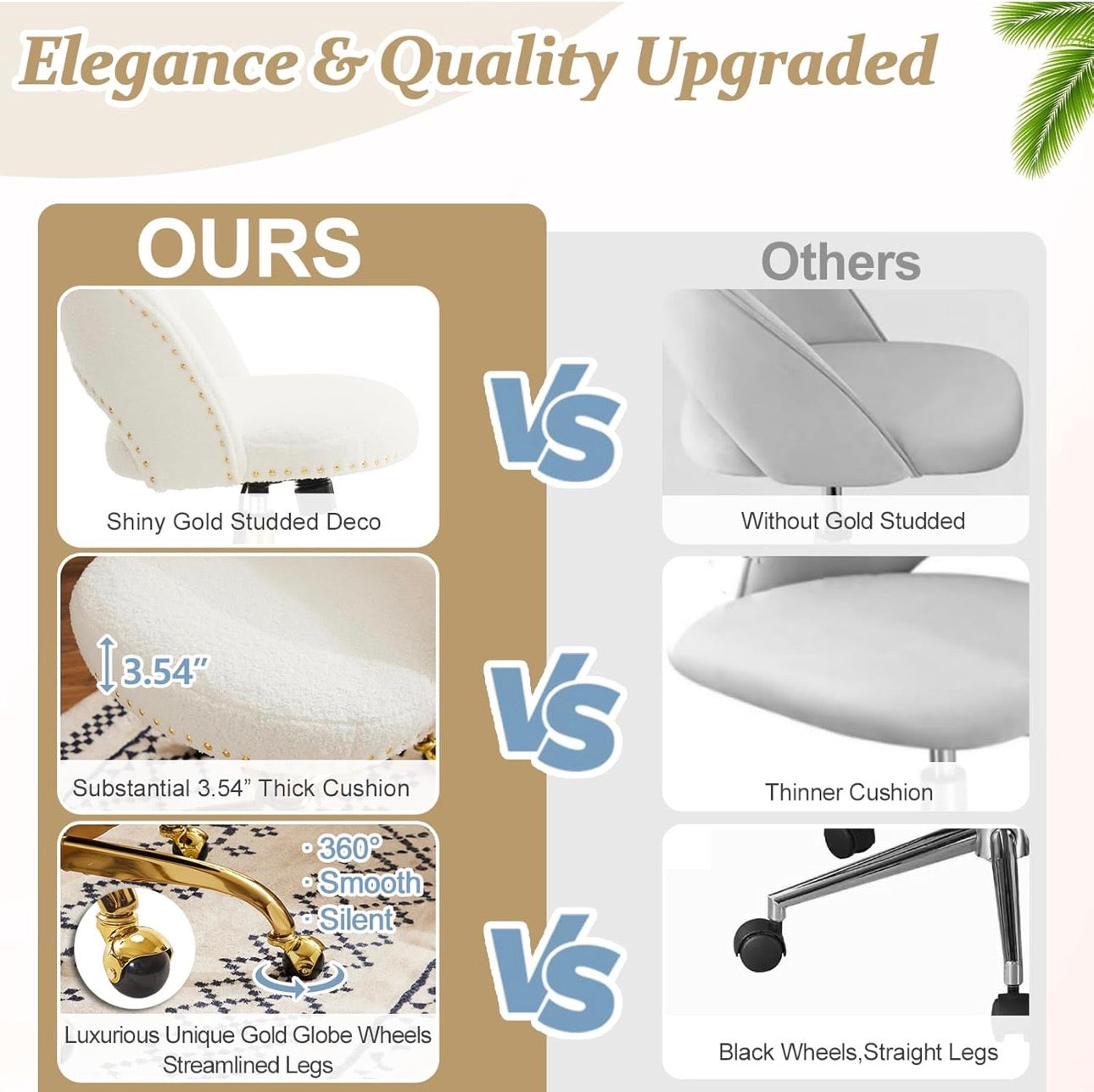 NEW- VINGLI Modern Teddy Fluffy Small Office Chair,Cute Desk Chair with Wheels,Gold Base/Studs, Comfy Armless Swivel Vanity Task Chair for Women/Girl/Kids, Nail Tech Chair for Bedroom, Small Space, White