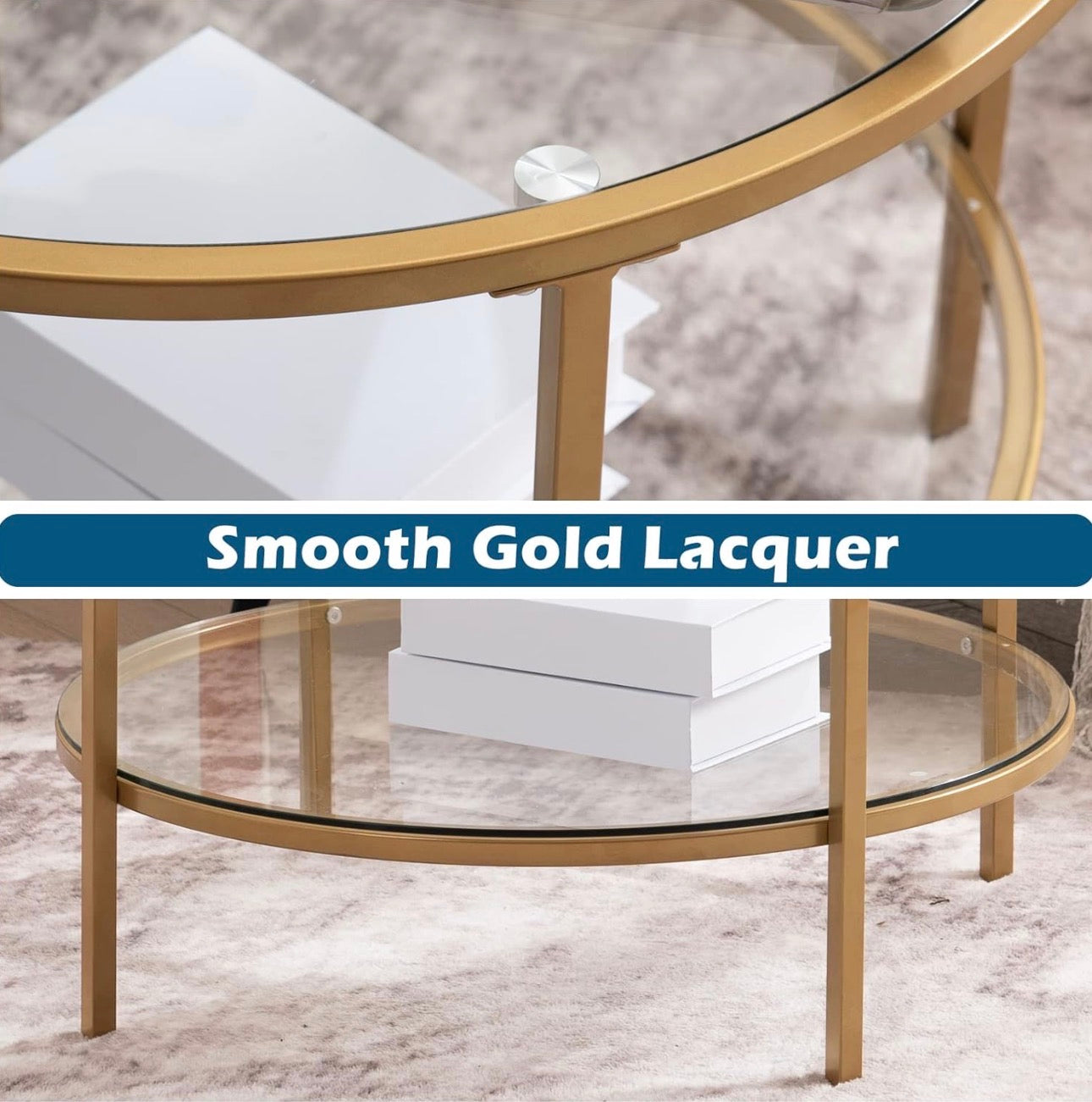 NEW- VINGLI 25.6" Round Gold Coffee Tables for Living Room, 2-Tier Glass Top Coffee Table with Storage Clear Coffee, Simple & Modern Center Table for Small Space