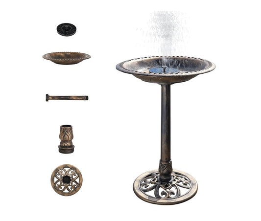 NEW- VINGLI 28 Inch Bird Bath with Solar Fountain Antique Copper Weather Resistant Resin Pedestal Birdbaths Floral Accents and Vintage Finish Garden Decor for Outdoor Lightweight Courtyard