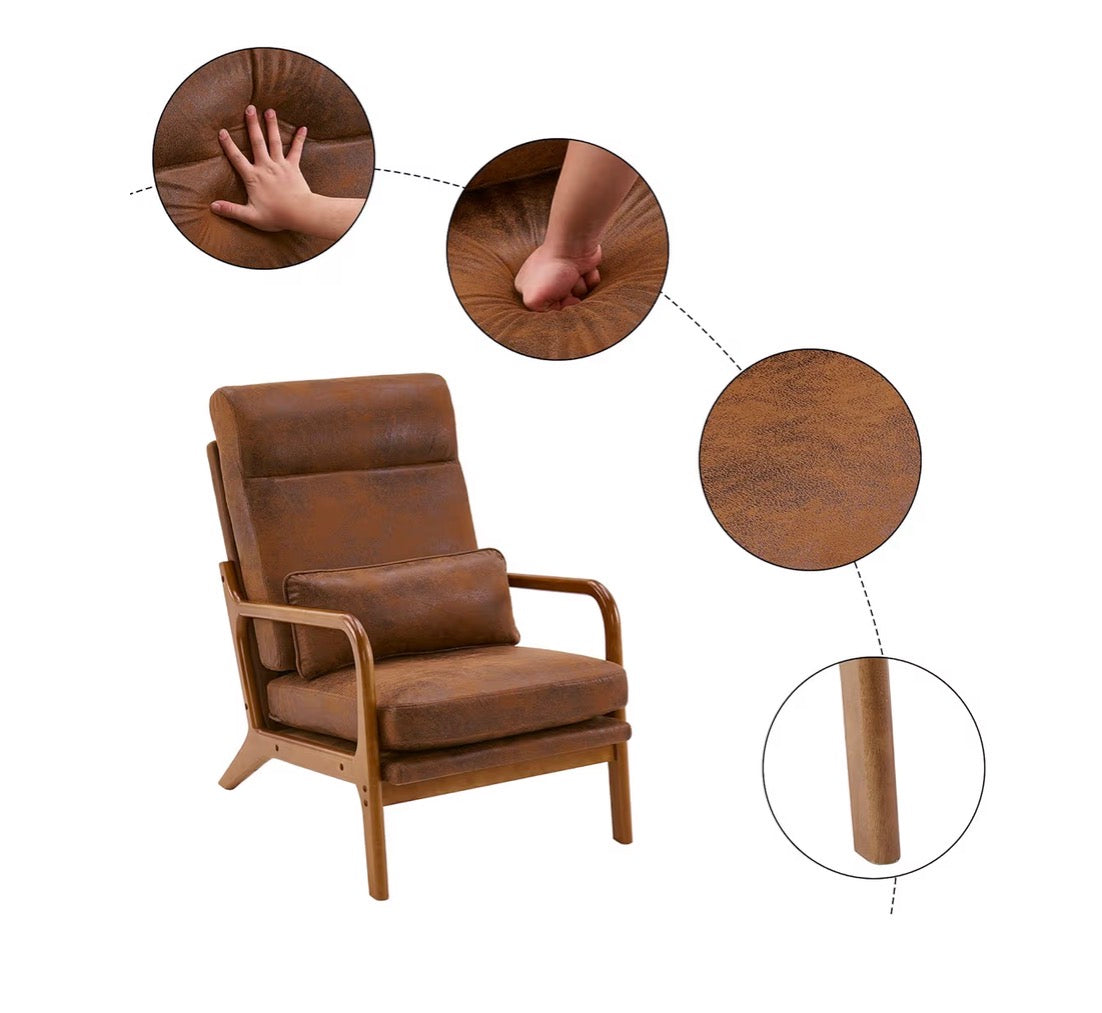 NEW- Bonnlo High Back Microfiber Rustic Mid Century Modern Accent Chair, Soild Wood Padding Lounge Armchairs Side Sitting Chairs for Living Room, Bedroom, Guest Room