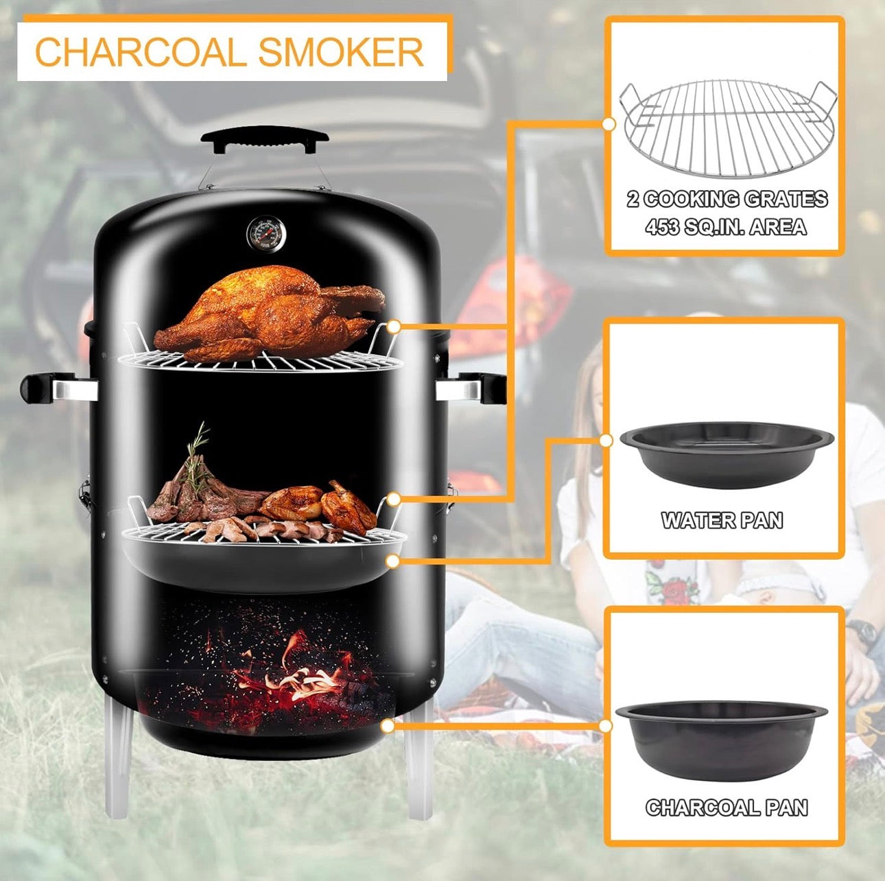 NEW- Charcoal BBQ Grill, Heavy Duty 3-in-1 Barbecue Smoker Grill for Garden Camping Outdoor Cooking and Grilling