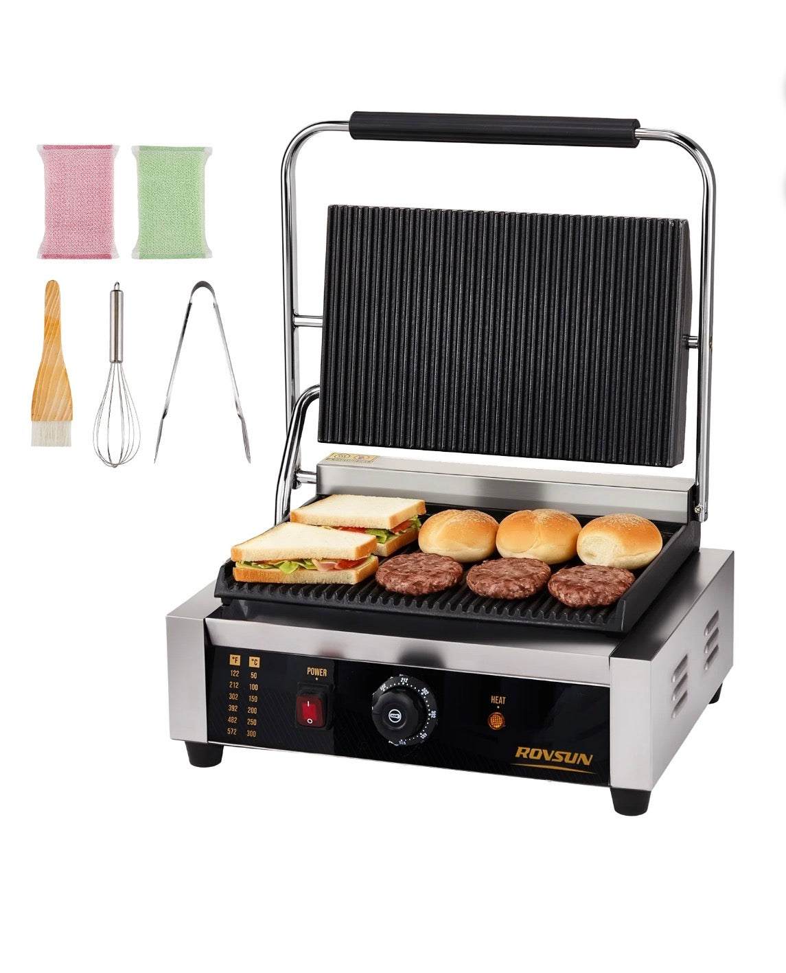 NEW- ROVSUN 811E Commercial Panini Press Grill, 2200W Stainless Steel Electric Countertop Sandwich Maker with Adjustable Temp 122°F-572°F, For Steak, Burgers, Home & Restaurant Use, 110V, Silver