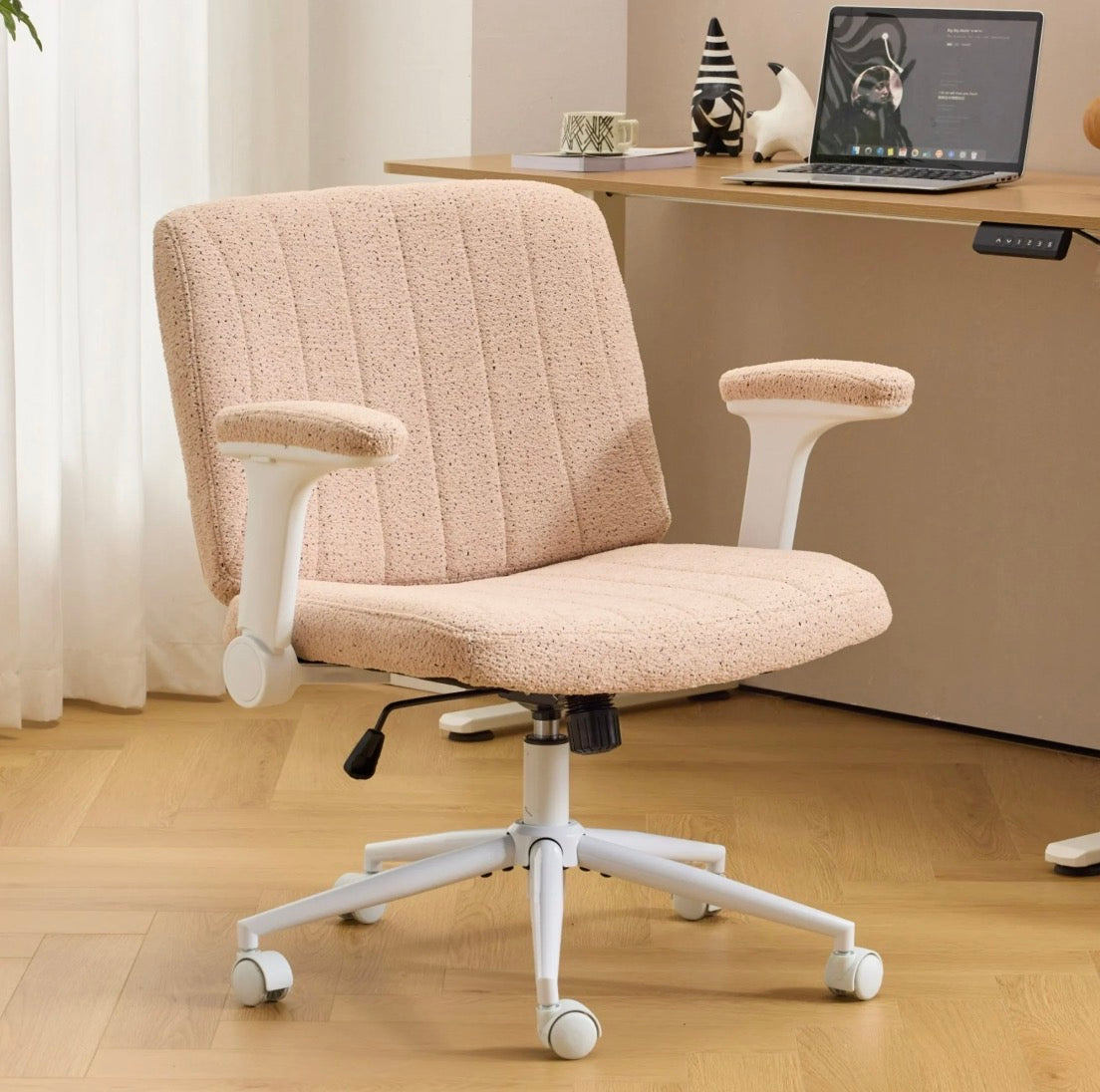 NEW- VINGLI Criss Cross Chair with Adjustable Flip-Up Arms,Cross Legged Chair with Wheels,Extra Wide Office Chair,Desk Chair for Home Office, Vanity, Bedroom, Apartment,Starry Chenille, Pink