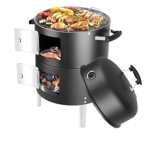 NEW- Charcoal BBQ Grill, Heavy Duty 3-in-1 Barbecue Smoker Grill for Garden Camping Outdoor Cooking and Grilling