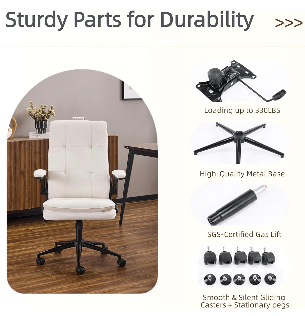 NEW- VINGLI Comfy White Leather Office Desk Chair, High-Back Support Ergonomic Computer Task Gaming Chair,with Removable wheels,360° Swivel,Adjustable Height,Flip-Up Arms,for Adults,Teen,Vanity,Home Office