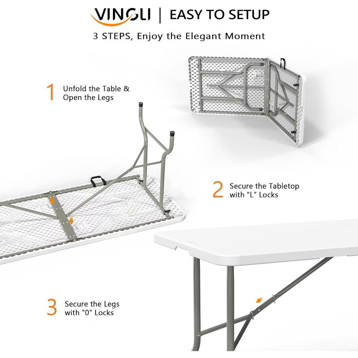 USED LIKE NEW- VINGLI 6 Foot Plastic Folding Table Portable Long White Table for Indoor Outdoor Use Rectangular with Carrying Handle