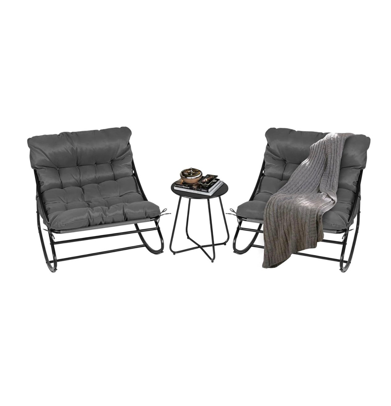 NEW- VINGLI Rocking Patio Chairs Set of 2 with Side Table, Heavy Duty 400 LBS Capacity, Padded Outdoor Indoor Rockers, Grey