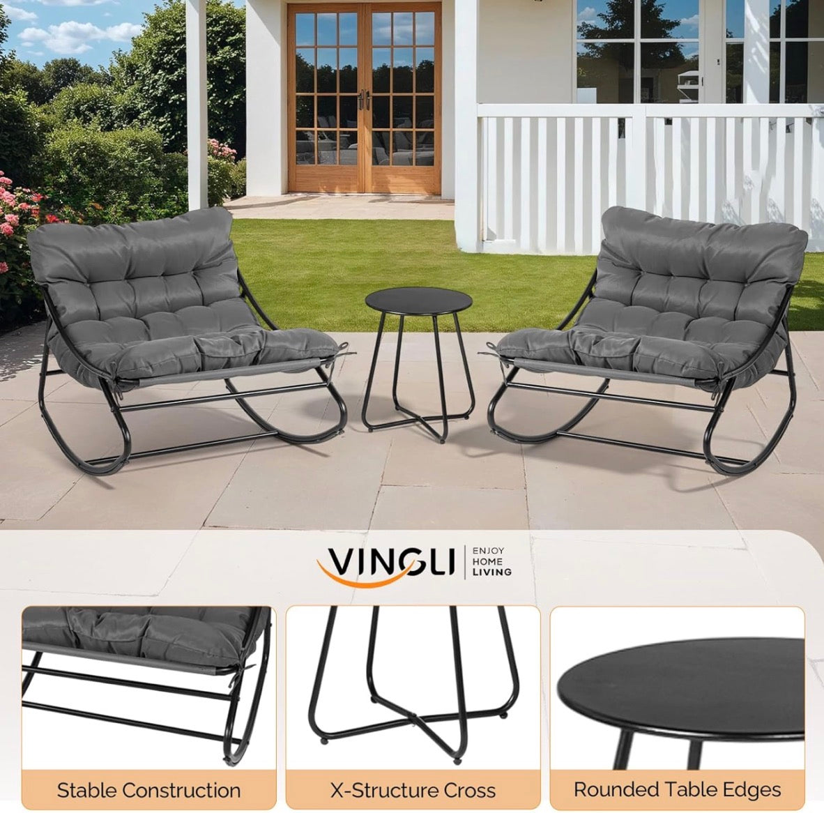 NEW- VINGLI Rocking Patio Chairs Set of 2 with Side Table, Heavy Duty 400 LBS Capacity, Padded Outdoor Indoor Rockers, Grey