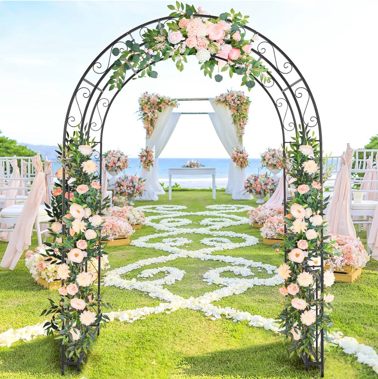 USED LIKE NEW- 7FT Heavy Duty Double Layer Iron Art Arc Top Iron Arch Black Steel, Garden Arbor with Side Garden Trellis, Rust-Resistant Powder Coated Wedding Arch Archway for Backyard, Vine Plants & Outdoor Decor - Includes Ground Stakes & Easy Assembly