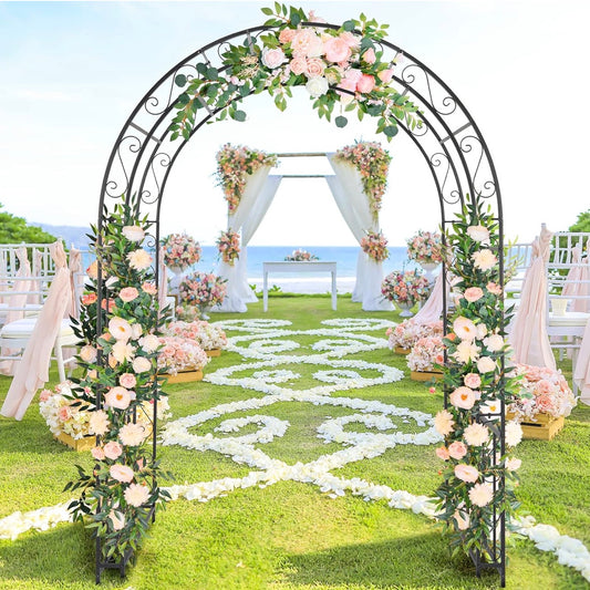 USED LIKE NEW- 7FT Heavy Duty Double Layer Iron Art Arc Top Iron Arch Black Steel, Garden Arbor with Side Garden Trellis, Rust-Resistant Powder Coated Wedding Arch Archway for Backyard, Vine Plants & Outdoor Decor - Includes Ground Stakes & Easy Assembly