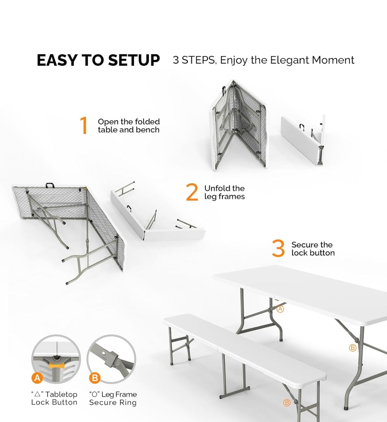 NEW- VINGLI 6 ft 3-Piece Portable Picnic White Table Bench Set, Weather-Resistant Plastic Folding Camping Beer Table w/Carrying Handles, for Family Garden Patio Outdoor Activities Use