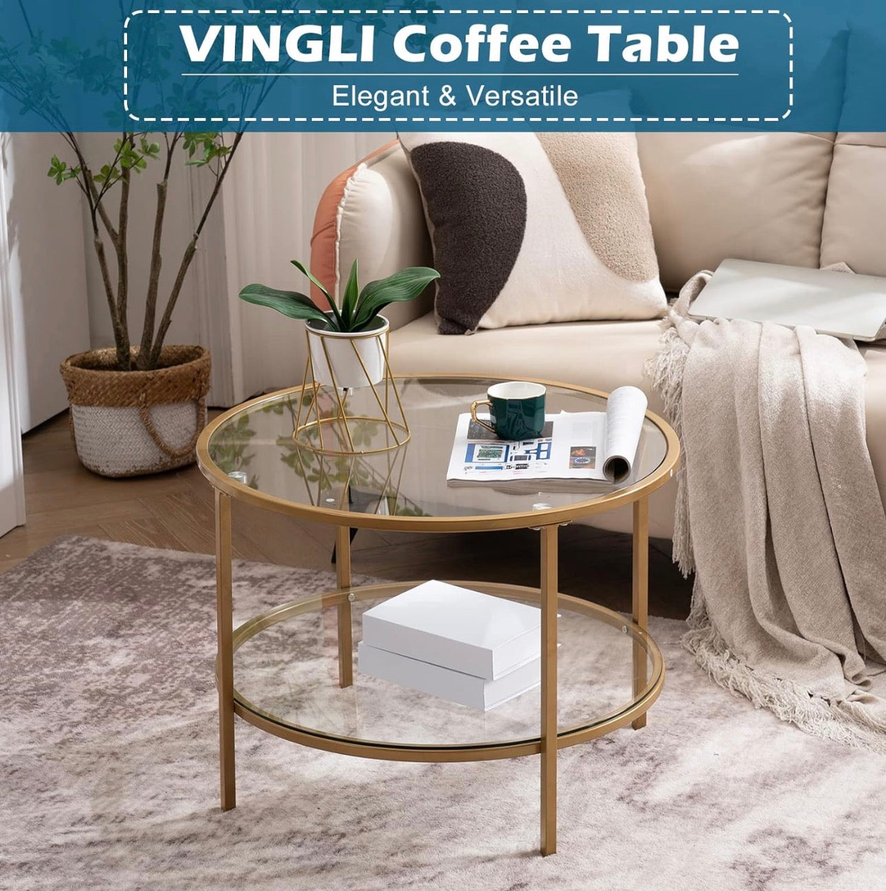 NEW- VINGLI 25.6" Round Gold Coffee Tables for Living Room, 2-Tier Glass Top Coffee Table with Storage Clear Coffee, Simple & Modern Center Table for Small Space