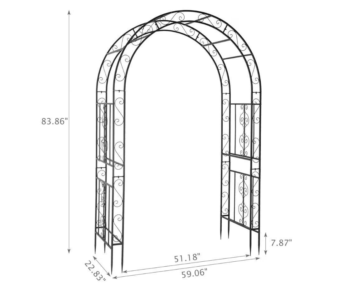 USED LIKE NEW- 7FT Heavy Duty Double Layer Iron Art Arc Top Iron Arch Black Steel, Garden Arbor with Side Garden Trellis, Rust-Resistant Powder Coated Wedding Arch Archway for Backyard, Vine Plants & Outdoor Decor - Includes Ground Stakes & Easy Assembly