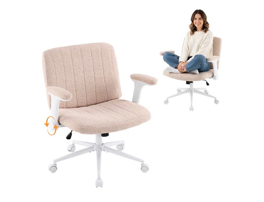 NEW- VINGLI Criss Cross Chair with Adjustable Flip-Up Arms,Cross Legged Chair with Wheels,Extra Wide Office Chair,Desk Chair for Home Office, Vanity, Bedroom, Apartment,Starry Chenille, Pink