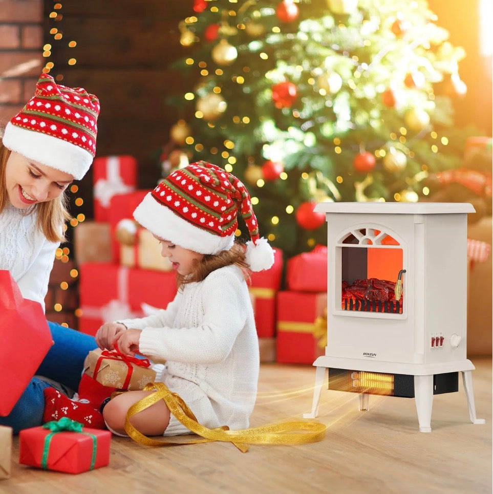 NEW- ROVSUN 22.4"H Electric Fireplace Stove w/Realistic Flame Effect, Infrared Quartz Freestanding Heater for Indoor, w/Overheat Protection, 2 Heat Settings 1000W/1500W, ETL Certified, Milky
White