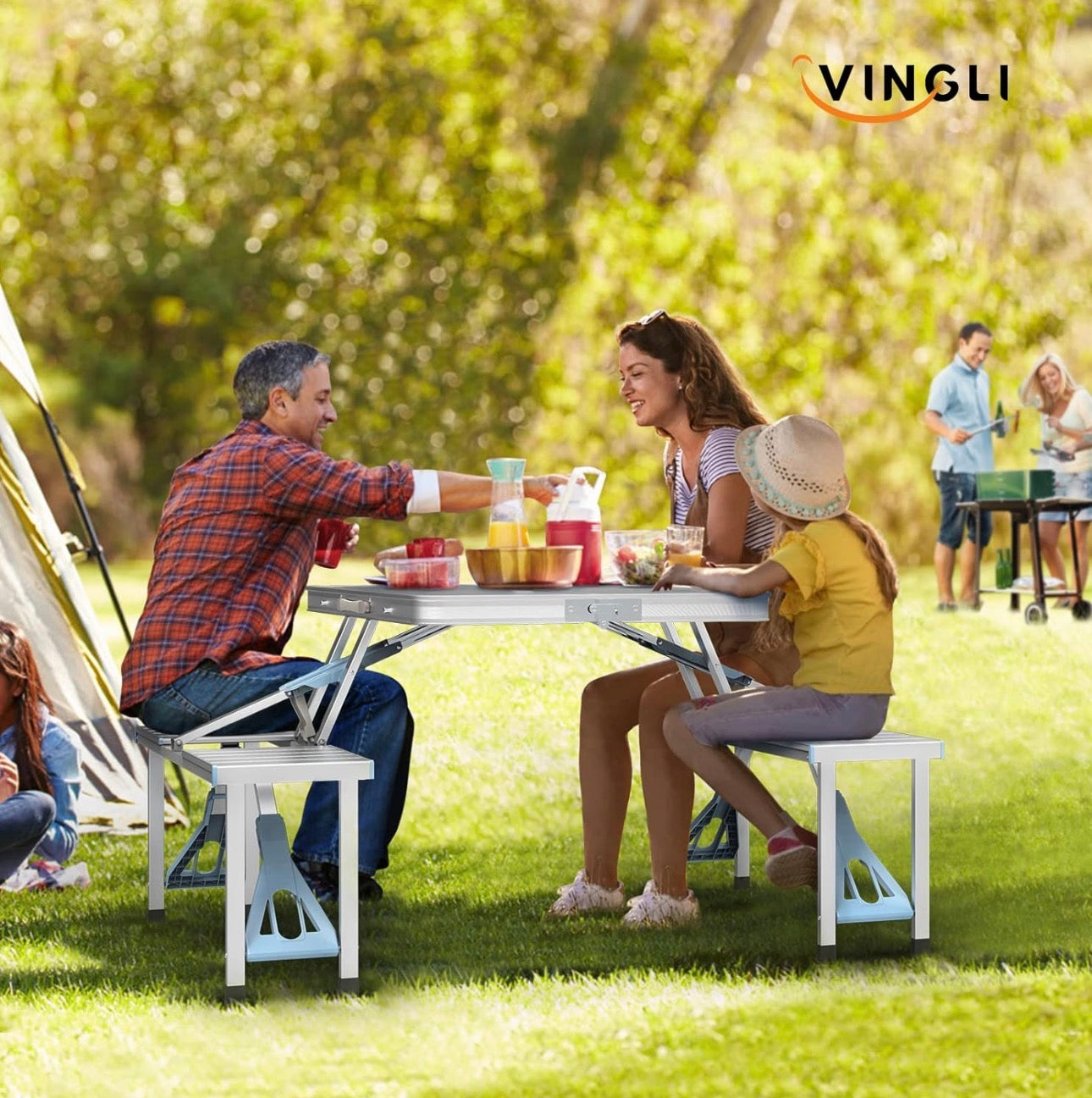 NEW- VINGLI 4Ft Folding Camping Picnic Table with Seats/Umbrella Hole-265 Lbs Support That Lightweight and Fold Up Card Suitcase Table Aluminum Alloy Frame, RV Tabletop with Soft Handle