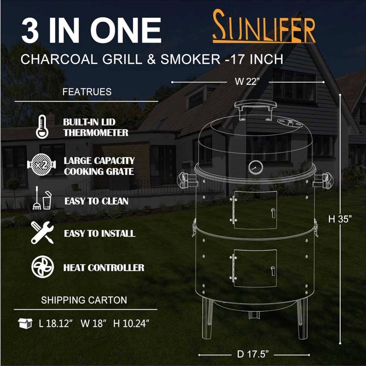 NEW- Charcoal BBQ Grill, Heavy Duty 3-in-1 Barbecue Smoker Grill for Garden Camping Outdoor Cooking and Grilling