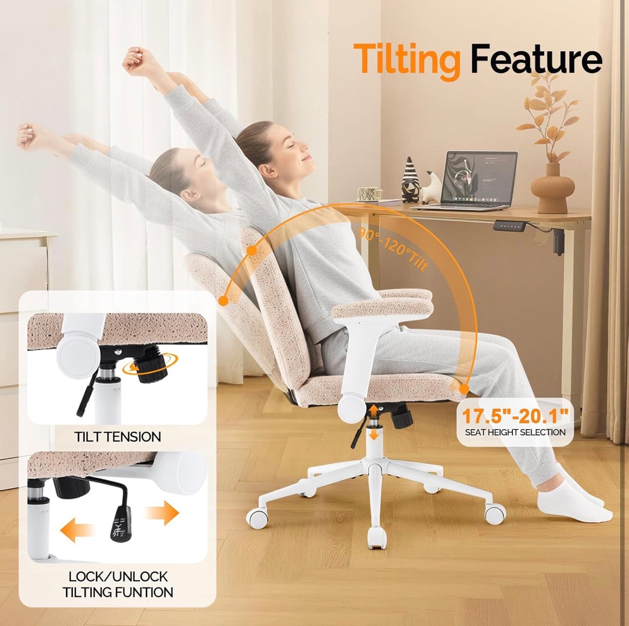 NEW- VINGLI Criss Cross Chair with Adjustable Flip-Up Arms,Cross Legged Chair with Wheels,Extra Wide Office Chair,Desk Chair for Home Office, Vanity, Bedroom, Apartment,Starry Chenille, Pink