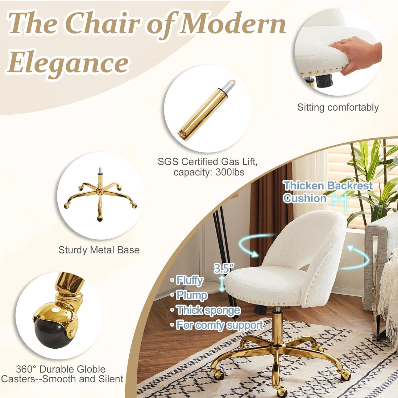 NEW- VINGLI Modern Teddy Fluffy Small Office Chair,Cute Desk Chair with Wheels,Gold Base/Studs, Comfy Armless Swivel Vanity Task Chair for Women/Girl/Kids, Nail Tech Chair for Bedroom, Small Space, White