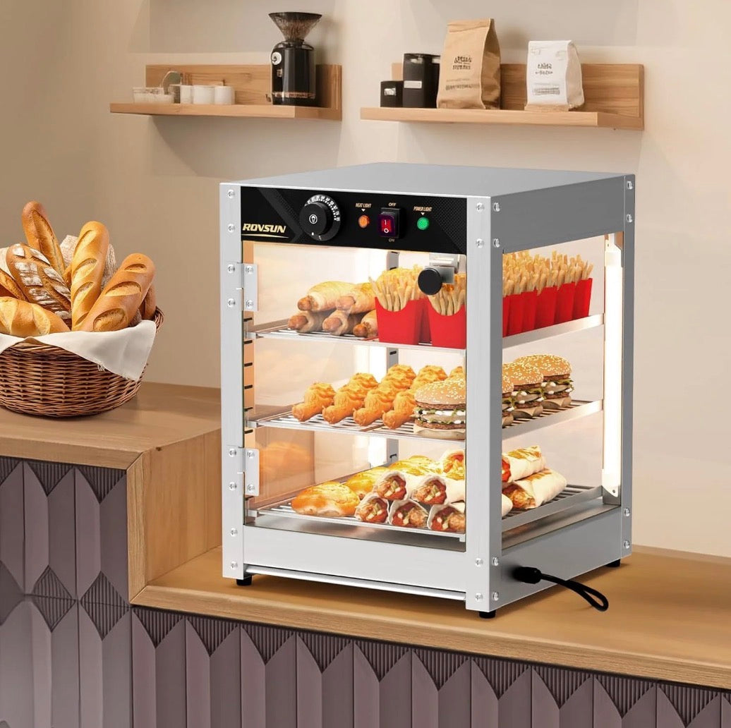 NEW- ROVSUN 3-Tier Commercial Food Warmer, 15" Pizza Warmer Food Warmer Display with LED Adjustable Lighting Glass Door Removable Shelves, Countertop Electric Food Warmer for Buffet Restaurant 110V 800W