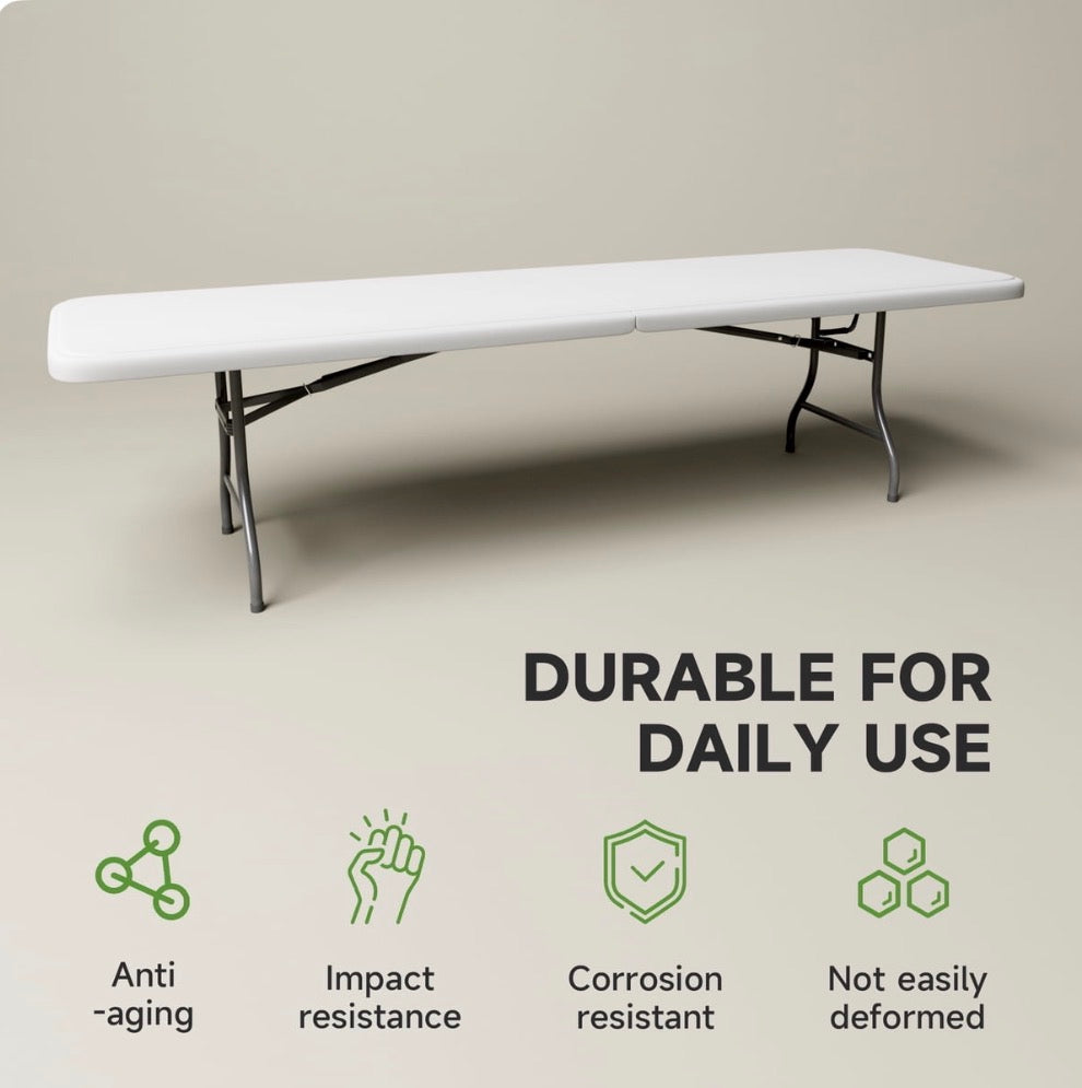 USED LIKE NEW- VINGLI 8 Foot Plastic Folding Table Portable Long Table for Indoor Outdoor Use Rectangular with Carrying Handle, White
