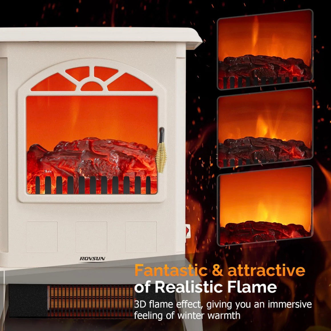 NEW- ROVSUN 22.4"H Electric Fireplace Stove w/Realistic Flame Effect, Infrared Quartz Freestanding Heater for Indoor, w/Overheat Protection, 2 Heat Settings 1000W/1500W, ETL Certified, Milky
White
