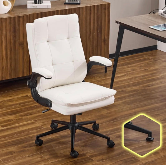 NEW- VINGLI Comfy White Leather Office Desk Chair, High-Back Support Ergonomic Computer Task Gaming Chair,with Removable wheels,360° Swivel,Adjustable Height,Flip-Up Arms,for Adults,Teen,Vanity,Home Office