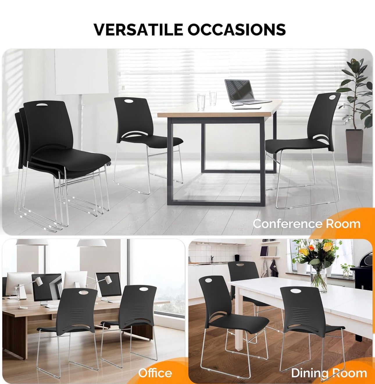 NEW- VINGLI Stacking Chairs Set of 5 Stackable Office Chairs with Metal Sled Base, Ergonomic Plastic Seat, Stacking Chairs for Waiting Room Break Room Banquet Guest, Black