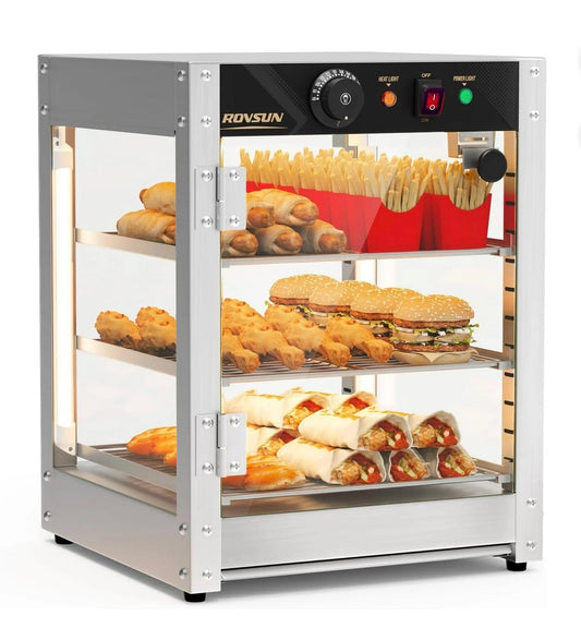 NEW- ROVSUN 3-Tier Commercial Food Warmer, 15" Pizza Warmer Food Warmer Display with LED Adjustable Lighting Glass Door Removable Shelves, Countertop Electric Food Warmer for Buffet Restaurant 110V 800W