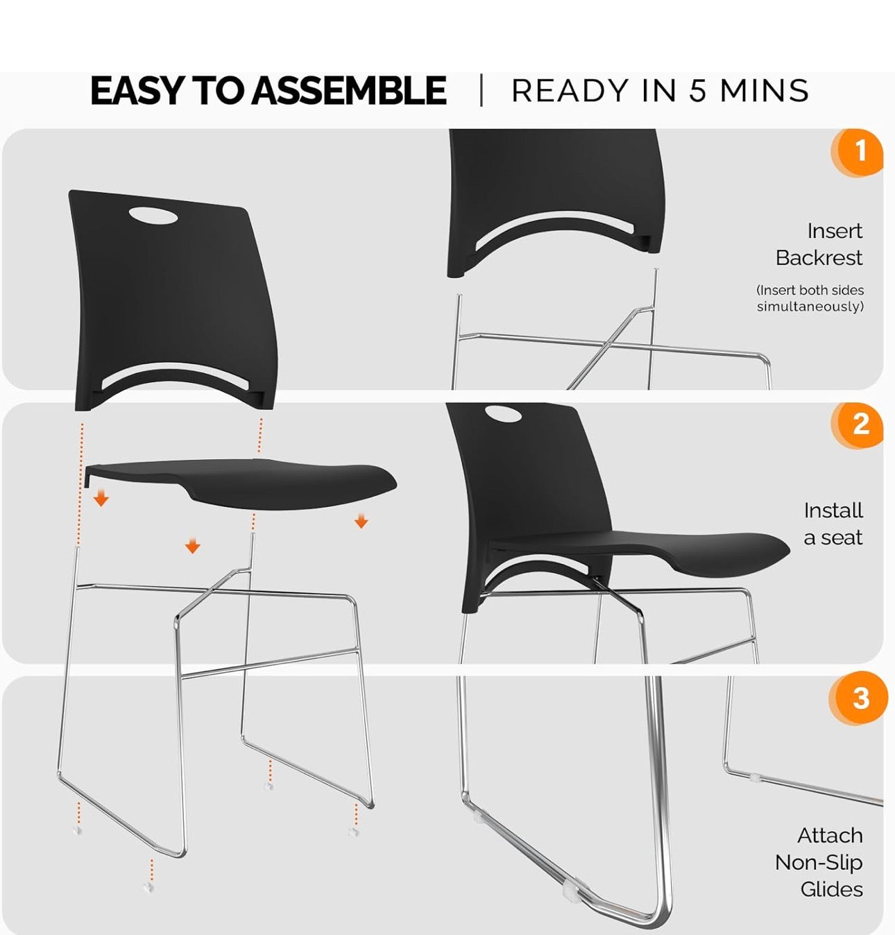NEW- VINGLI Stacking Chairs Set of 5 Stackable Office Chairs with Metal Sled Base, Ergonomic Plastic Seat, Stacking Chairs for Waiting Room Break Room Banquet Guest, Black